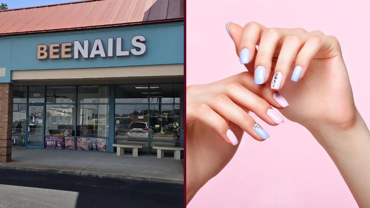 Close-up of glossy gel nails and hands.